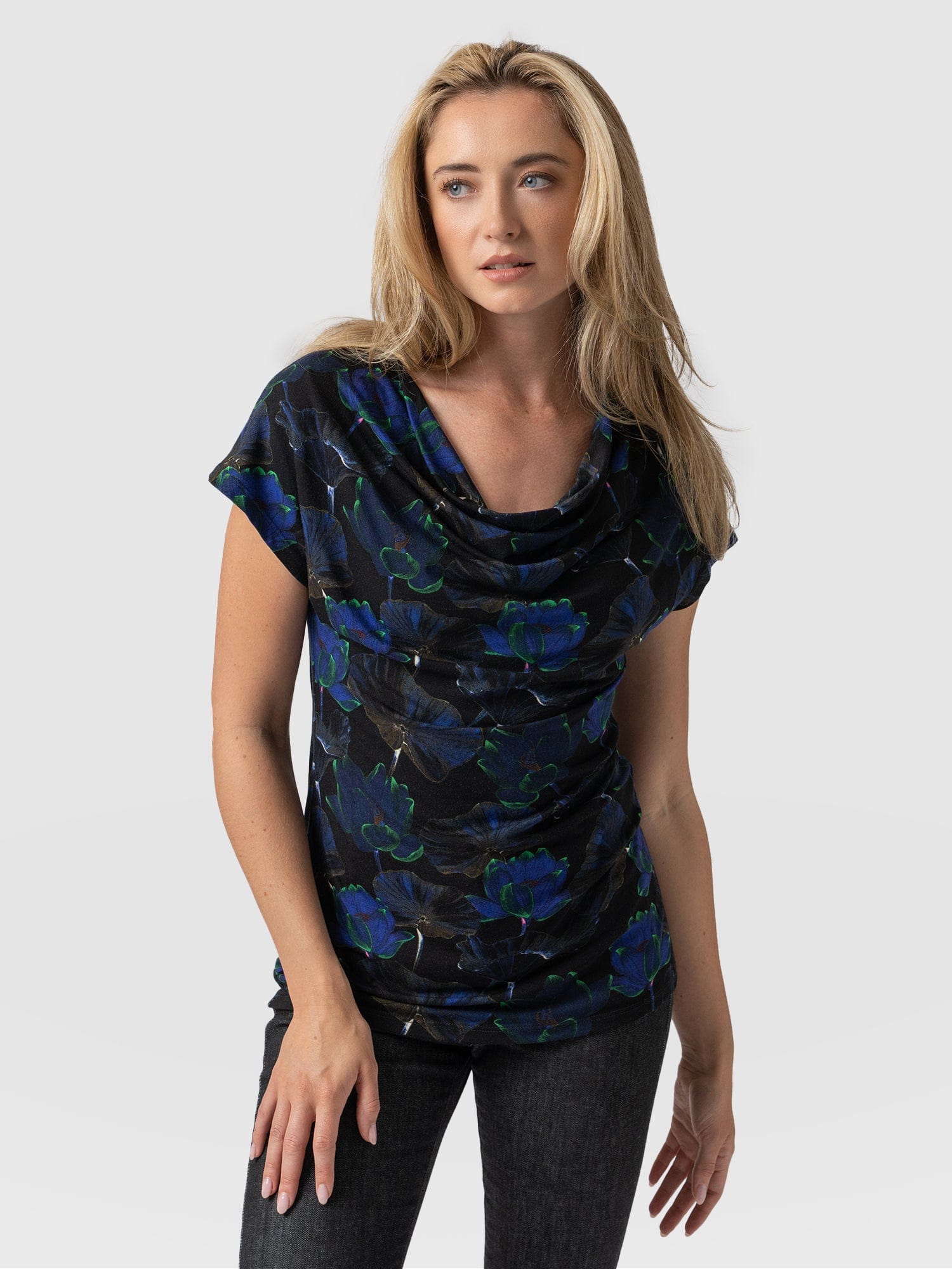 Cowl Neck Tee Blue Flora - Women's T-Shirts | Saint + Sofia® USA